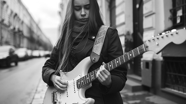 Foto gratuita vista in bianco e nero di una persona che suona la chitarra elettrica