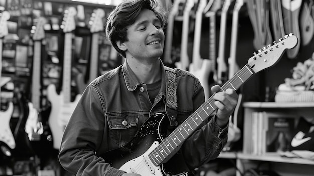 Free photo black and white view of person playing electric guitar