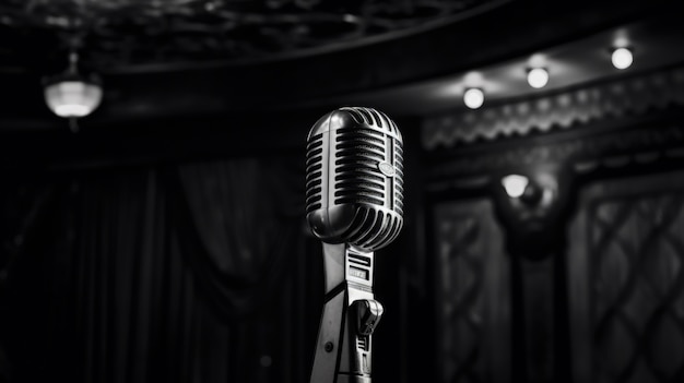 Foto gratuita vista in bianco e nero del microfono del palco del teatro