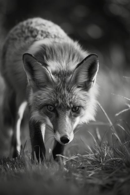 Free photo black and white view of wild fox in its natural habitat