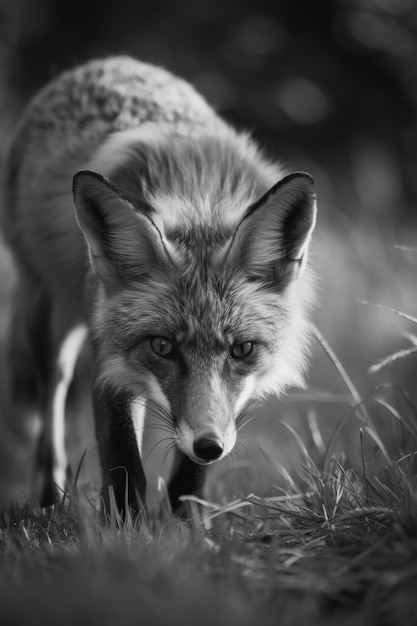 Foto gratuita veduta in bianco e nero della volpe selvatica nel suo habitat naturale