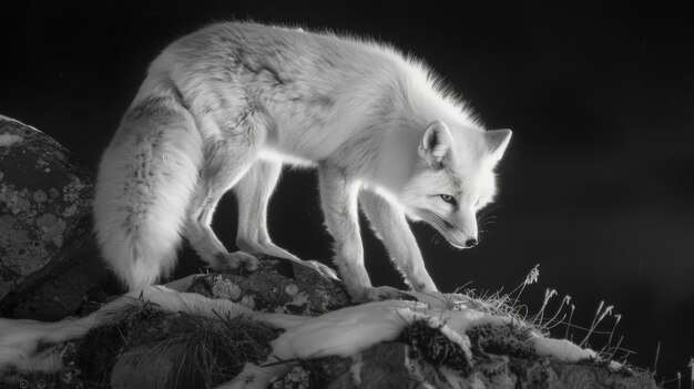 Black and white view of wild fox in its natural habitat