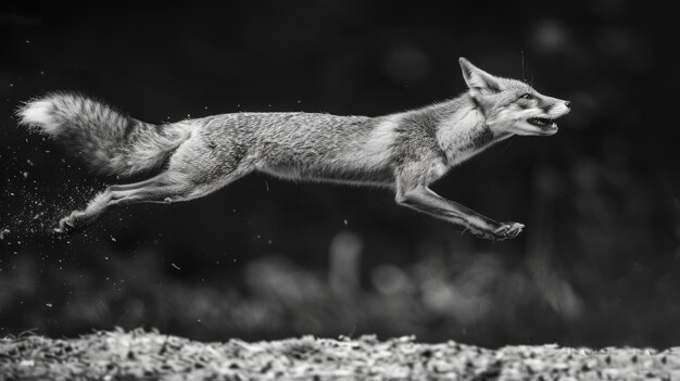 自然の生息地にある野生のキツネの黒と白の写真