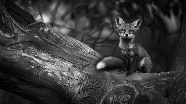 Черно-белый вид дикой лисы в ее естественной среде обитания