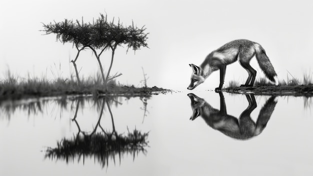 自然の生息地にある野生のキツネの黒と白の写真