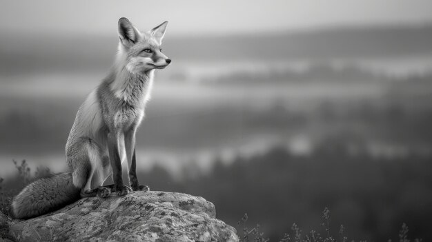 Foto gratuita veduta in bianco e nero della volpe selvatica nel suo habitat naturale