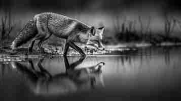 Free photo black and white view of wild fox in its natural habitat