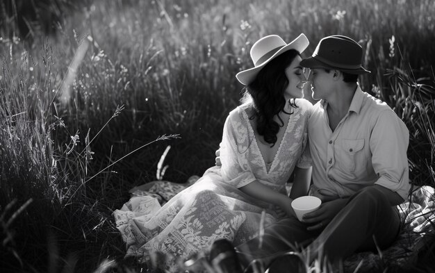 Black and white vintage couple enjoying a picnic