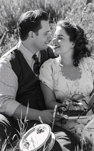 Free photo black and white vintage couple enjoying a picnic