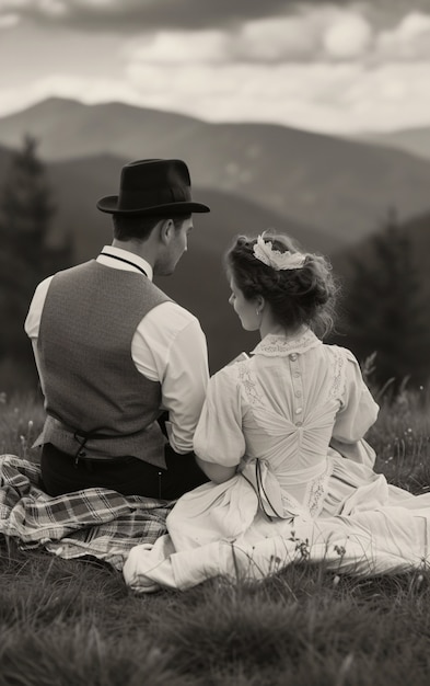 Foto gratuita una coppia d'epoca bianca e nera che si diverte a fare un picnic