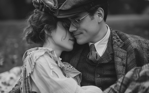 Free photo black and white  vintage couple enjoying a picnic