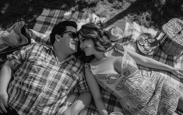 Black and white  vintage couple enjoying a picnic