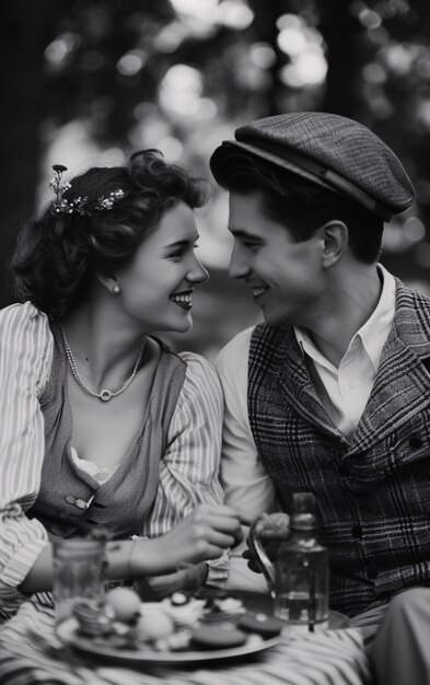 Black and white  vintage couple enjoying a picnic