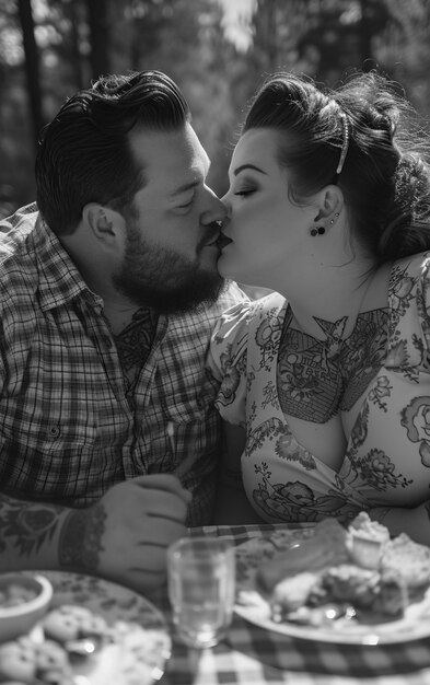 Black and white vintage couple enjoying a picnic