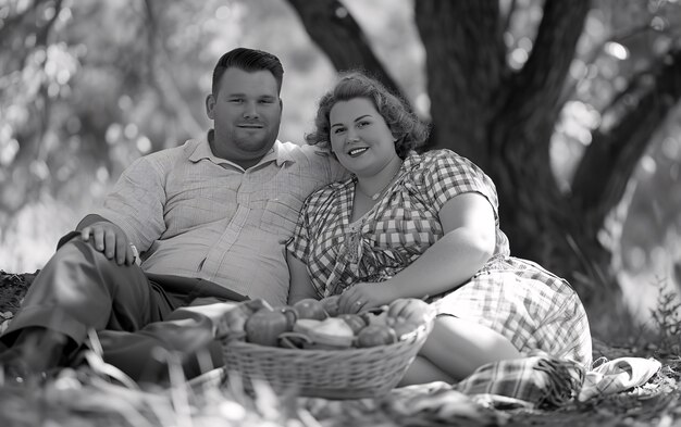 Black and white vintage couple enjoying a picnic