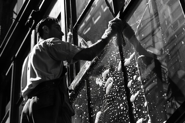 집안 일 과 집안 일 을 하는 남자 의 흑백 빈티지 초상화