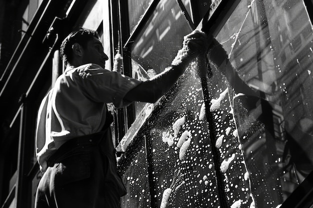 Black and white vintage portrait of man doing housework and household chores