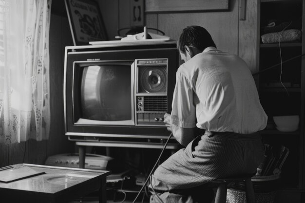 Black and white vintage portrait of man doing housework and household chores