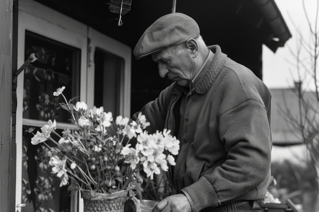 Free photo black and white vintage portrait of man doing housework and household chores