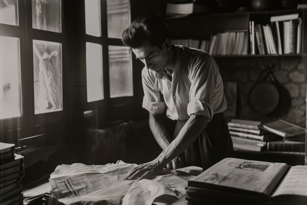 Black and white vintage portrait of man doing housework and household chores