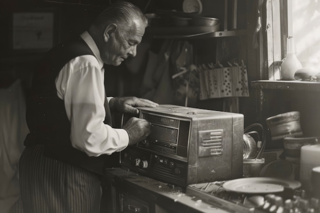 Black and white vintage portrait of man doing housework and household chores