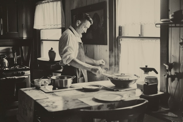 Черно-белый винтажный портрет человека, занимающегося домашней работой и домашними делами