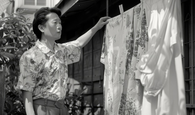 Foto gratuita ritratto vintage in bianco e nero di un uomo che fa le faccende domestiche