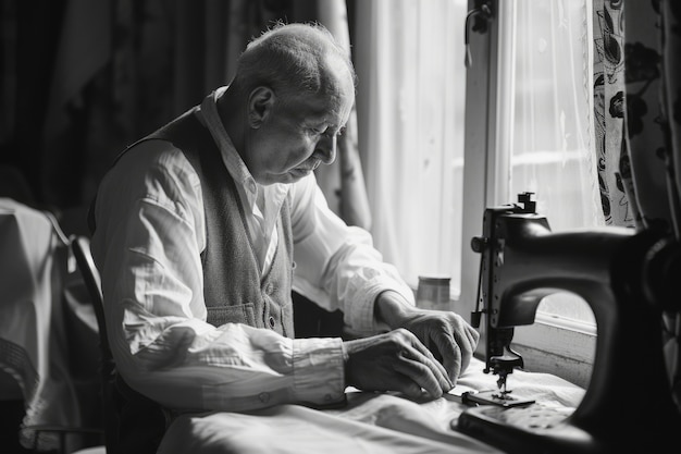 Foto gratuita ritratto vintage in bianco e nero di un uomo che fa le faccende domestiche
