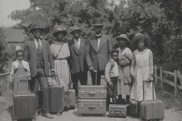 Black and white vintage scene with people migrating to rural zones in old times