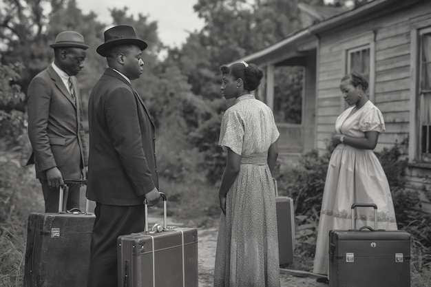 Free photo black and white vintage scene with people migrating to rural zones in old times