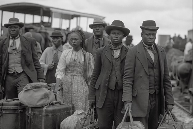 Black and white vintage scene with people migrating to rural zones in old times