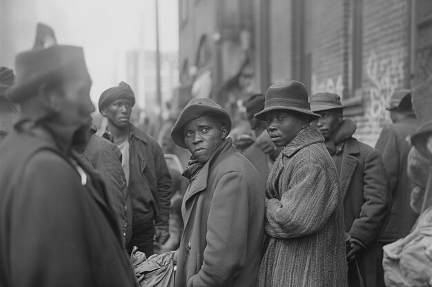 Black and white vintage scene with people migrating to rural zones in old times