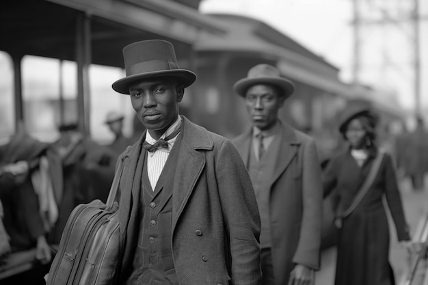 Scena vintage in bianco e nero con persone che migrano nelle zone rurali nei vecchi tempi