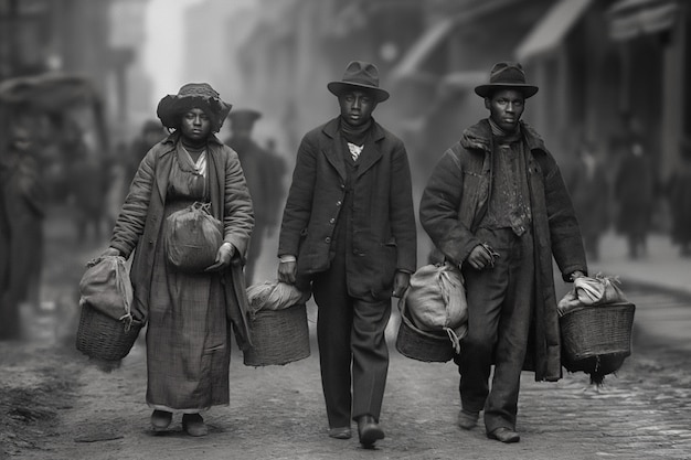 Scena vintage in bianco e nero con persone che migrano nelle zone rurali nei vecchi tempi