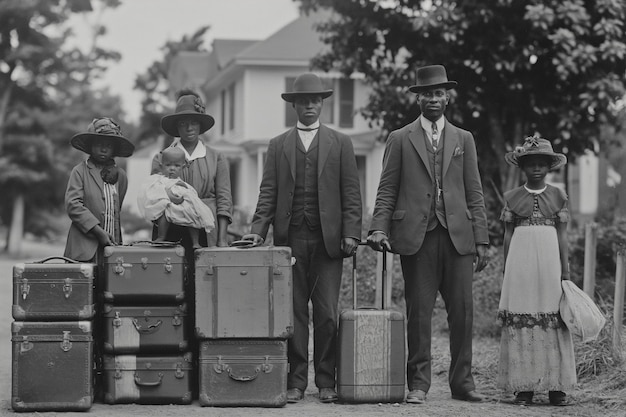 Scena vintage in bianco e nero con persone che migrano nelle zone rurali nei vecchi tempi