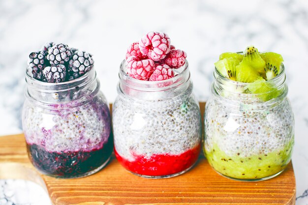 blackberry sauce, frozen raspberries and blackberries and kiwi slices