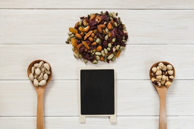 Blackboard, ladles and pile of nuts