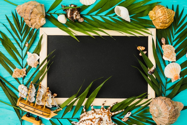 Blackboard and plant leaves with seashells and toy ship