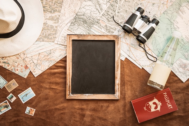 Blackboard and touristic stuff on table