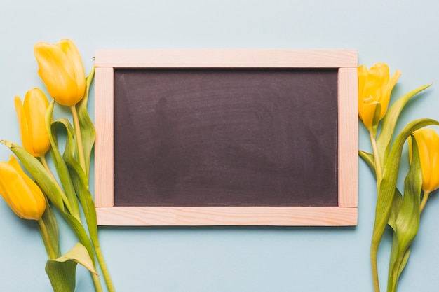 Blackboard between tulips