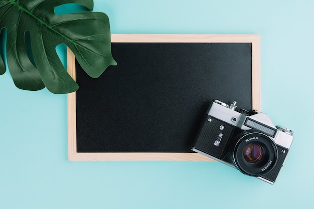 Blackboard with camera and leaf