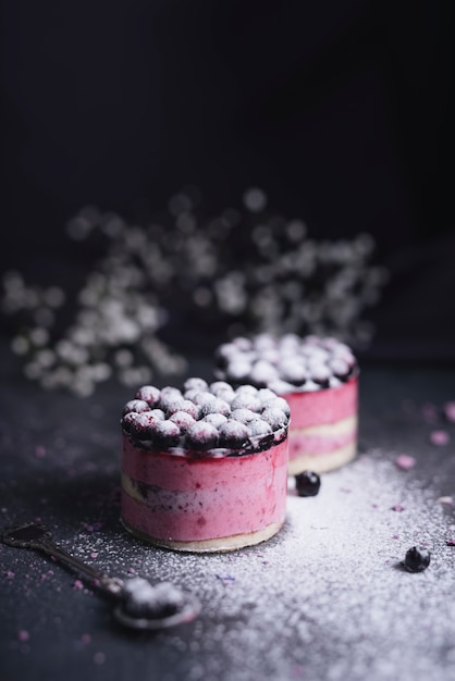 Blackcurrant cheesecake dusted with sugar powder