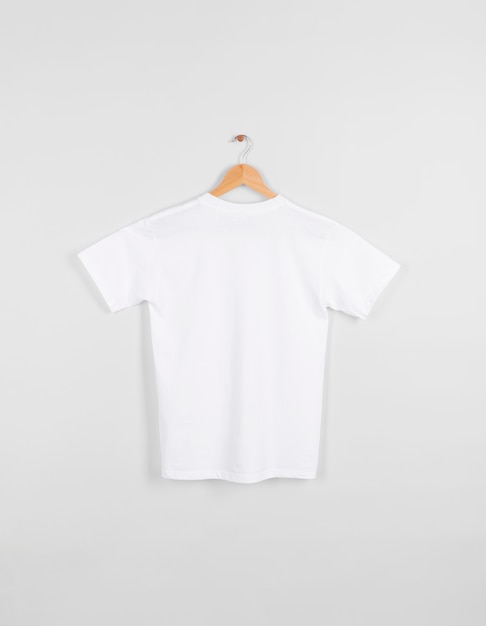 blank back white T-shirt hanging isolated on gray space.