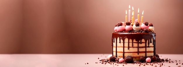 Foto gratuita banner bianco di una torta di compleanno al cioccolato su sfondo chiaro