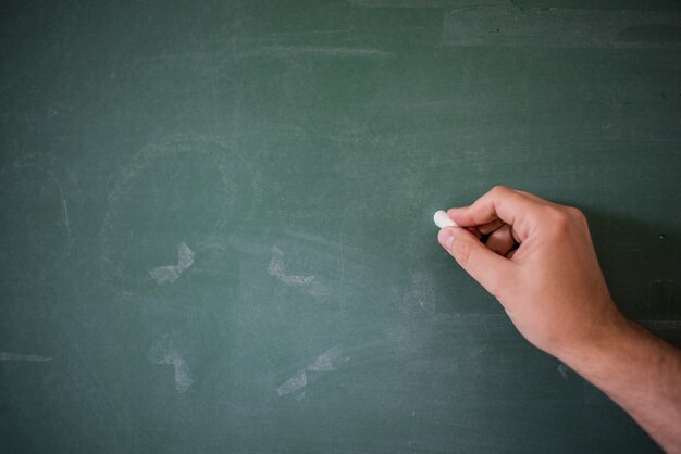 Blank blackboard / chalkboard, hand writing on green chalk board holding chalk, great texture for text. Hand of teacher holding chalk in front of blank blackboard. Hand writing with copyspace for text. Nice texture.