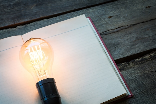 Blank book with a lit lightbulb on top