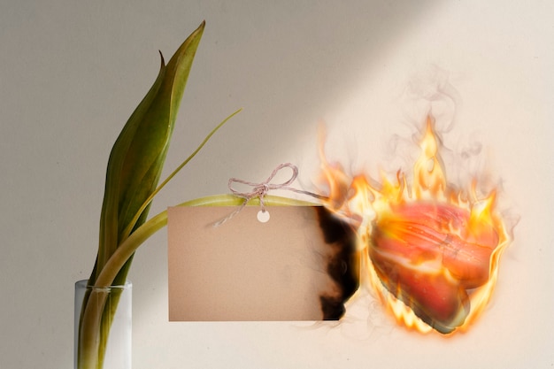 빈 카드, 디자인 공간이 있는 튤립 미적 불타는 불꽃 효과