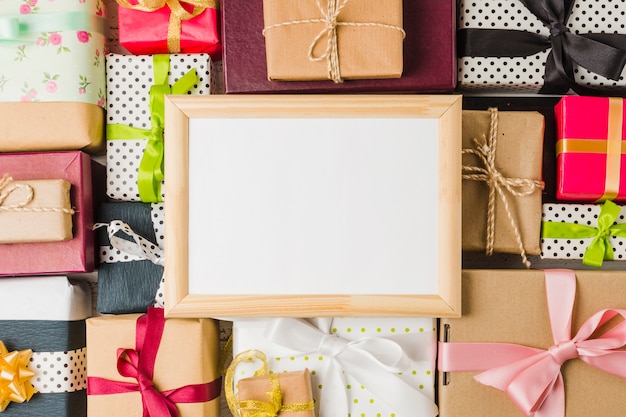 Blank empty frame on various gift box backdrop