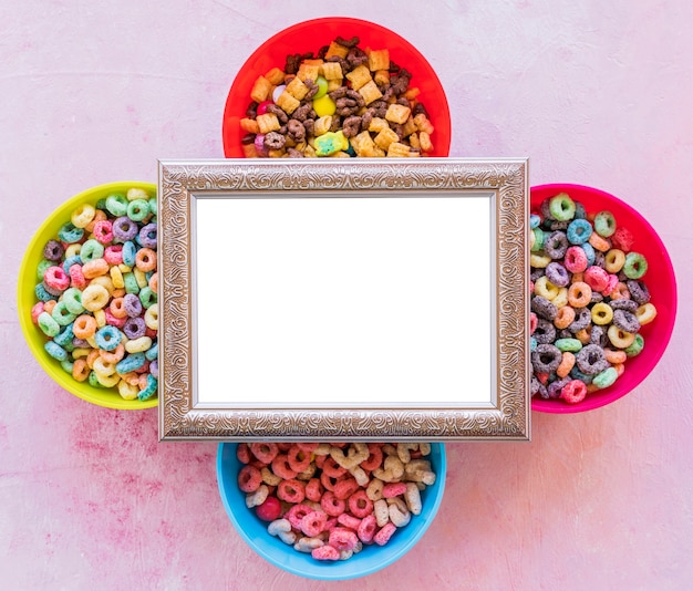 Blank frame on four bowls of cereals