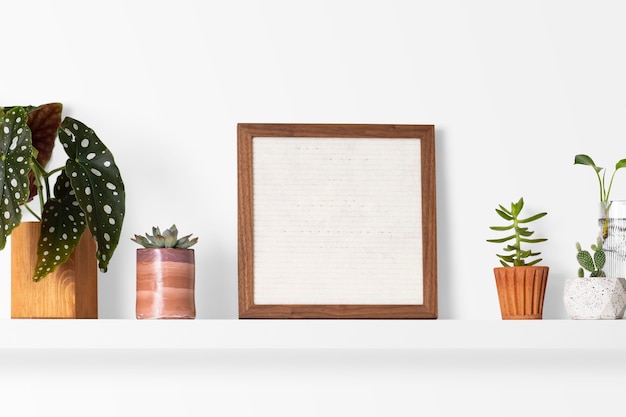 Free photo blank frame on plant shelf home decor ideas